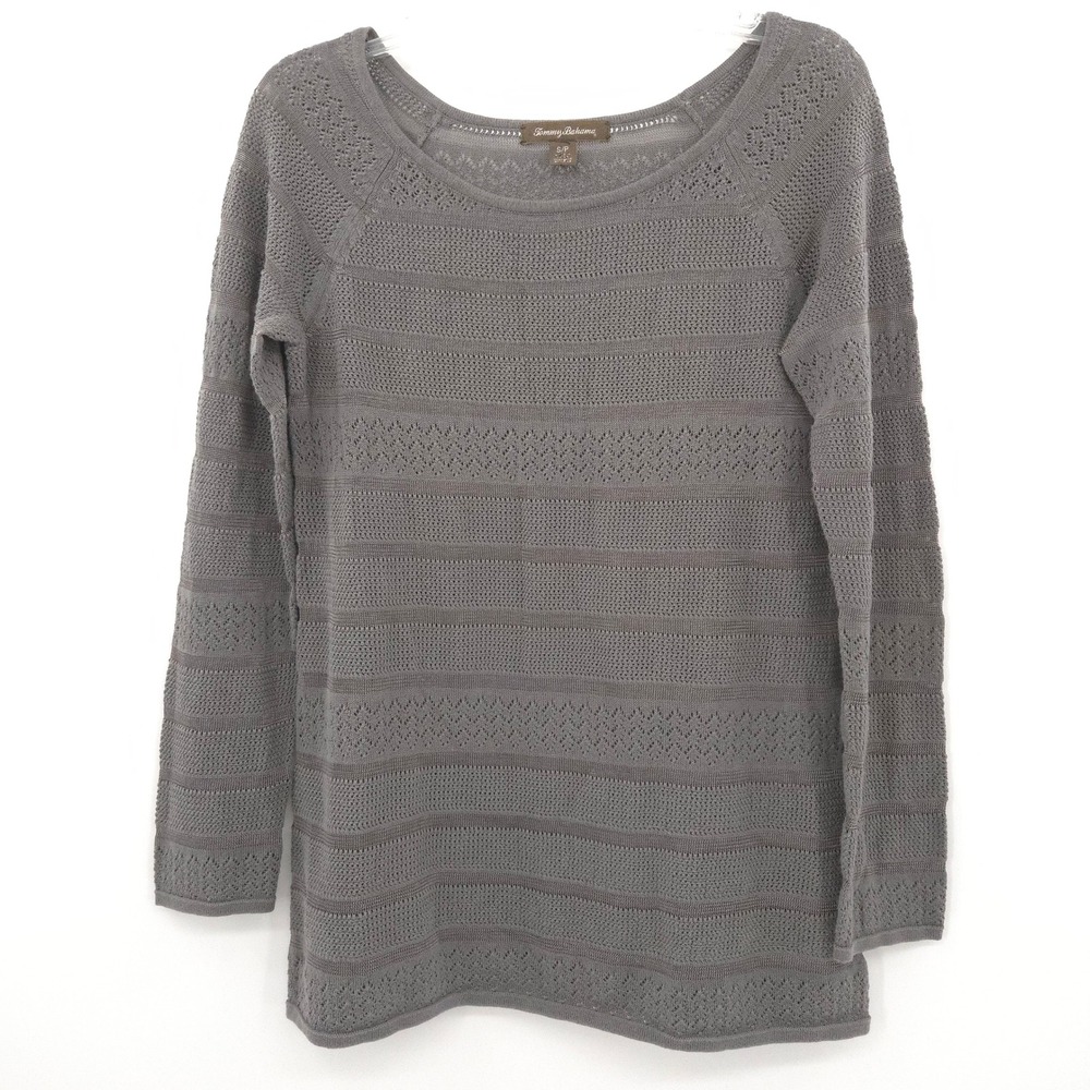 Tommy Bahama Pointelle Striped Knit Sweater Womens Small Grey Long Sleeve